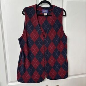 Vintage Mary Rose Sport Argyle Fleece Sweater Vest Womens L Red Navy Fisherman